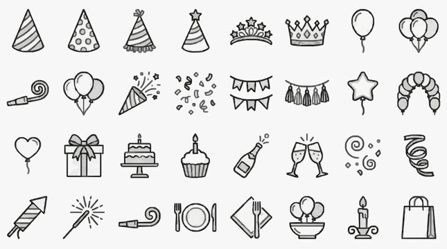 Dynamic Black and White Line Art Celebration Icons Set Featuring Party Hats Balloons Crowns Confetti and More