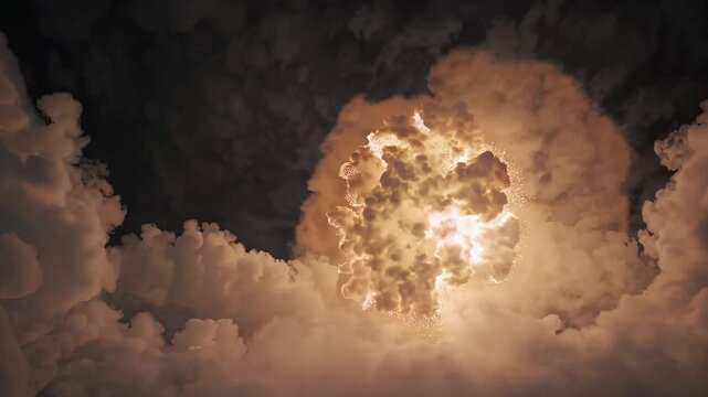 Dramatic progression of clouds illuminated by bright light, transitioning from dark to vibrant explosion, showcasing dynamic atmospheric changes in a captivating sky scene