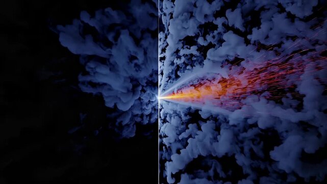 Explosive fire and smoke effects with sparks and vibrant colors transitioning from dark to bright, showcasing dynamic visual energy in a dramatic display
