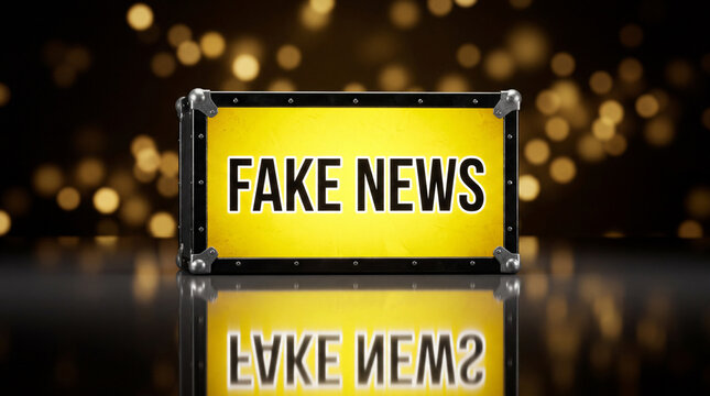 Sign displaying fake news in bright yellow against a blurred background with light spots