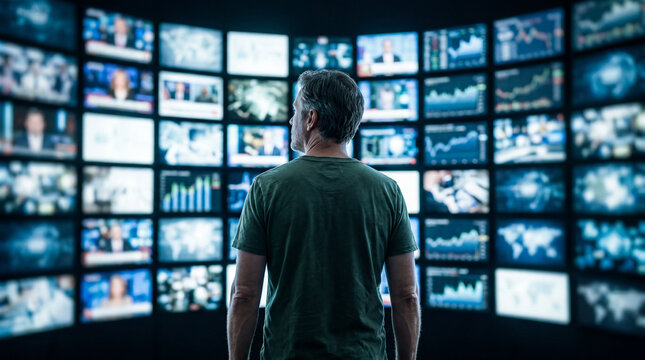 Person watches multiple screens displaying news, charts, and data in a modern control room environment