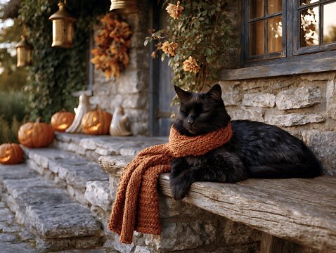 Fluffy black cat wearing orange knitted scarf resting on wooden bench by stone cottage decorated for Halloween