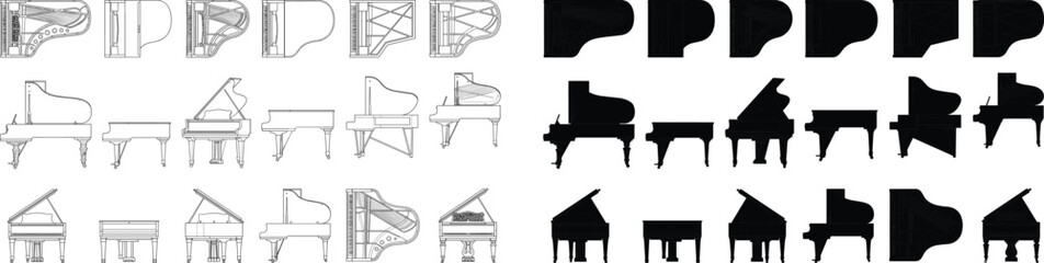 Grand Piano Vector Collection with Outline Drawings and Black Silhouette Upright and Concert Piano Illustration Set © MDMOSRAFUL