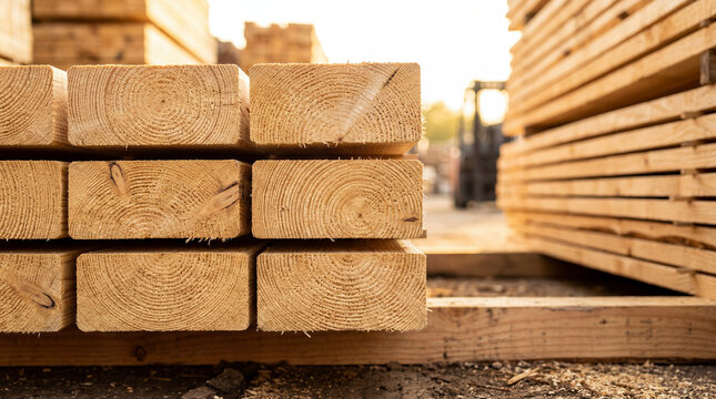 Wooden logs stacked in a lumber yard during golden hour with sunlight shining on the surface