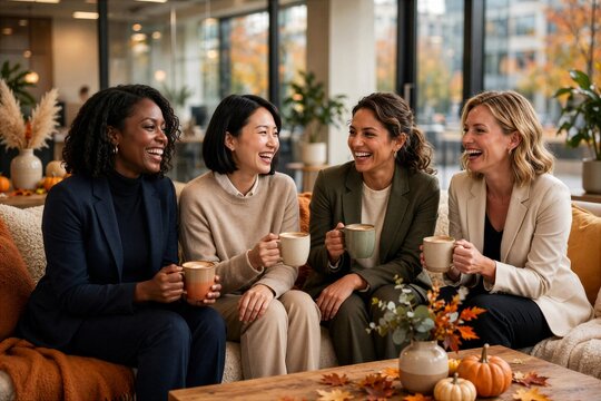 Women Colleagues Drinking Coffee in Autumn Office