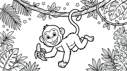 Playful monkey hanging from a vine with banana black and white illustration © Liza