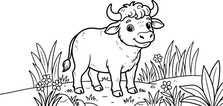 Cute cartoon bison calf in meadow with flowers black and white illustration