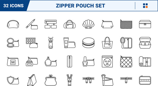 Cosmetic bag zip line icon set. Vector pictograms of zipper, pouch, makeup, and organizer elements, thin linear illustration.