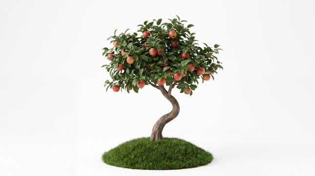 Apple tree standing on grass with ripe apples in a simple setting