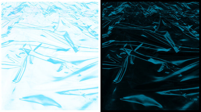 Holographic iridescent foil texture background, crumpled metallic plastic wrap surface, blue aesthetic liquid chrome material, abstract wrinkled foil