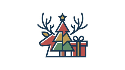 Obraz premium Stylized reindeer silhouette with a festive tree and gift box icon
