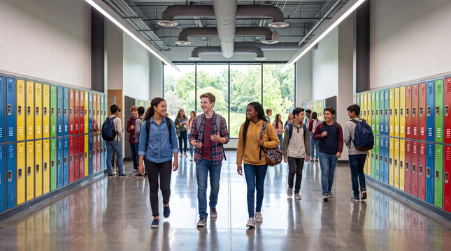 Students walk in school hallway with colorful lockers during school hours in the afternoon