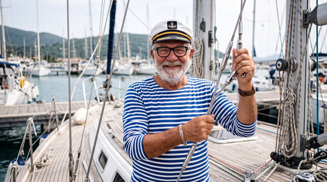 Senior man in sailor outfit smiles while working on a boat at a marina during daytime