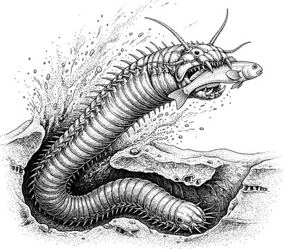 Bobbit Worm Burrow Cross Section Hand Drawn Engraving Marine Life Illustration