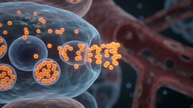 Microscopic view of cells releasing particles into blood vessels