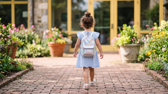 Child walks towards building with flowers and garden path in daytime