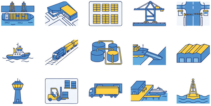Maritime logistics and port infrastructure icon set featuring cargo terminals warehouses shipping facilities transport hubs and harbor equipment vector illustration