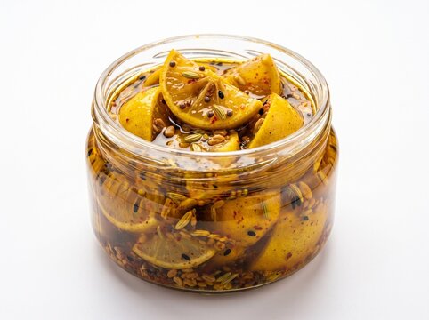 Homemade Indian Lemon Pickle (Nimbu Achar) in Transparent Glass Jar Isolated on White Background