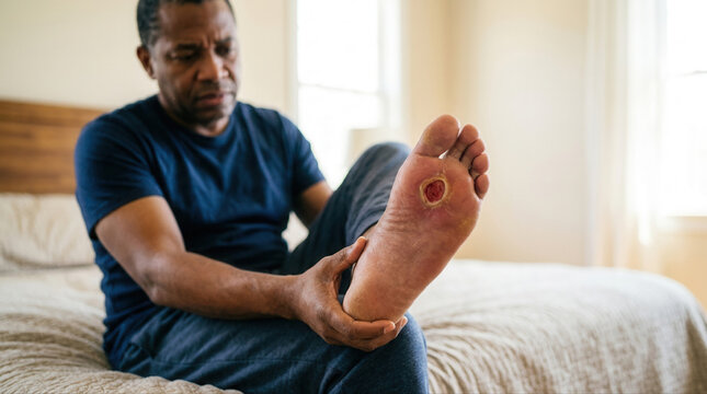 Healthcare professional assessing a diabetic foot ulcer with medication on the table in a clinical environment