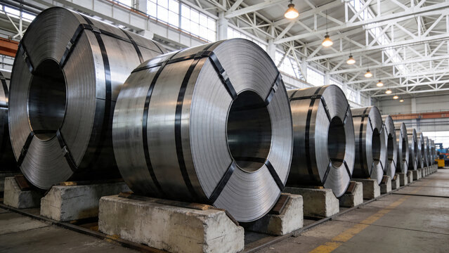 Coils of steel stored in a factory provide raw materials for production and manufacturing processes