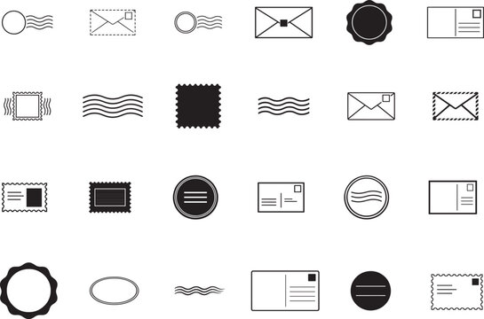 Vintage postal and postmark outline icon set for scrapbook, mail, stationery and travel themed designs.