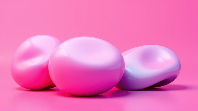 Pink spheres rest upon surface. Soft lighting creates glossy reflections, vibrant color scheme. Minimalist composition, modern aesthetic.