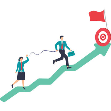 Flat illustration of businessman points arrow at bullseye target leading colleagues towards company goals stock illustration