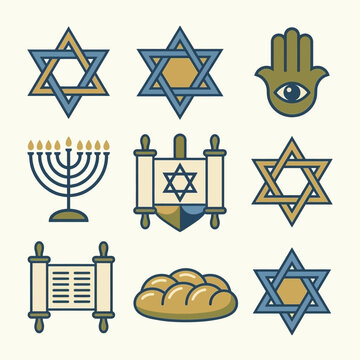 Hand-drawn Jewish symbols including the Star of David, menorah and Torah scrolls