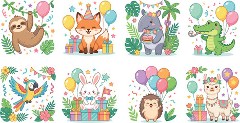 Fototapeta premium Cute Party Animal Cartoon Character Collection with Birthday Celebration and Kawaii Vector Illustration Set