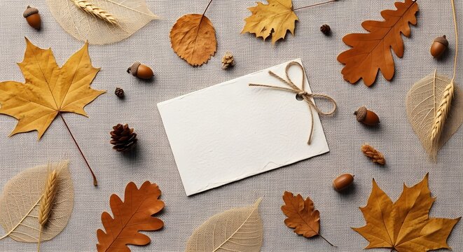 Autumn composition with a blank paper card, dried leaves, acorns, pine cones and wheat ears on a textured fabric background, top view, flat lay