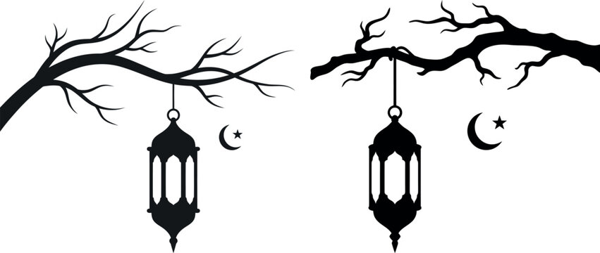 Ramadan kareem lantern icons hanging from a tree branch with crescent moon silhouette, crescent