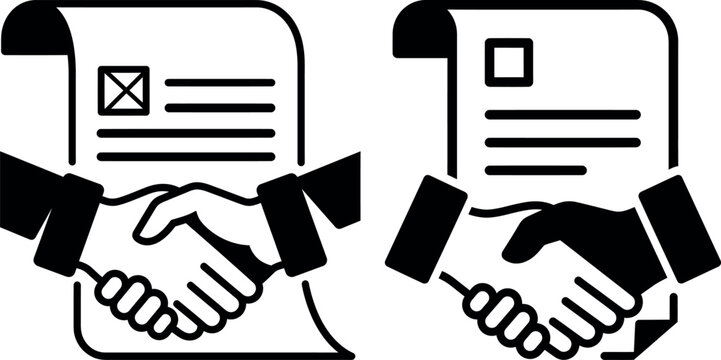 Black and white handshake on legal document icons with business deal contract signing handshake