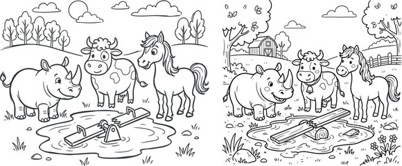 Fototapeta premium Cartoon line art coloring page of cute rhino cow and horse playing on a seesaw with playground