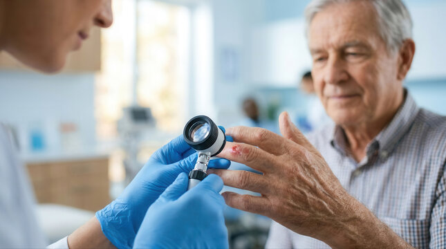 Healthcare professional assessing injury on senior patient's hand in clinical setting with focus on diabetes management