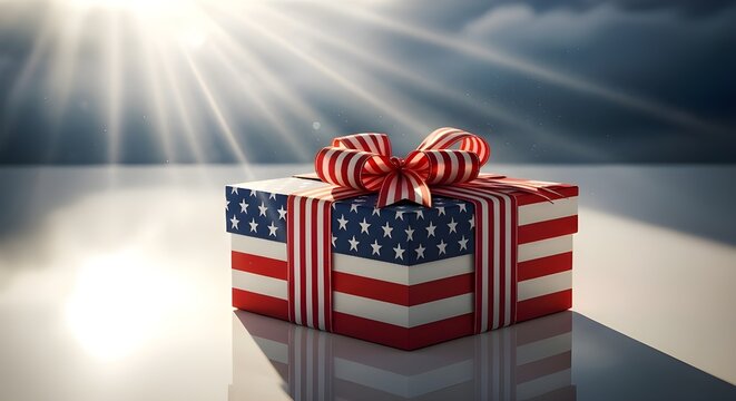 A gift box wrapped in american flag patterned paper with a patriotic ribbon bow, set against a dramatic, sunlit sky background with light rays
