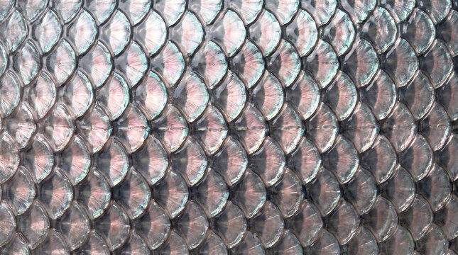 Close up macro detail of raw fish scales, abstract metallic natural texture, iridescent shiny pattern, aquatic wildlife surface, organic background.
