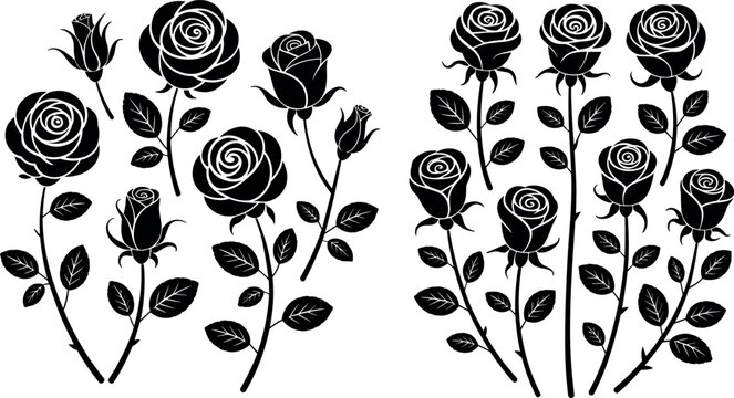 Rose Flower Silhouettes Set with Stems and Leaves Vector Illustration Collection for Floral Design