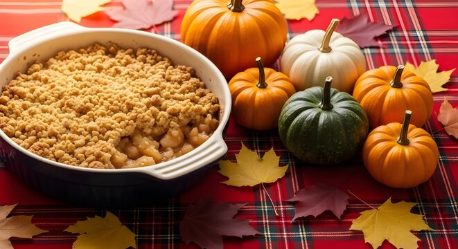 Autumnal apple crumble in a ceramic baking dish on a plaid tablecloth with assorted pumpkins and colorful fall leaves, top view, thanksgiving concept