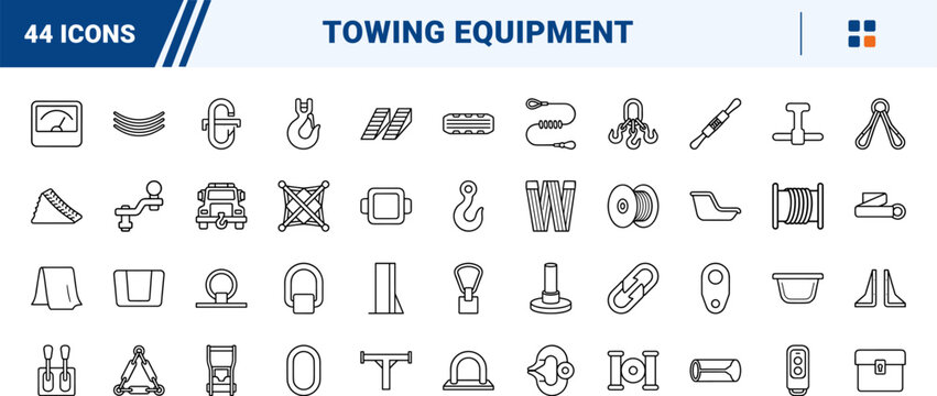 Automotive towing equipment line icon set. Vector pictograms of wrecker, recovery, hook, and winch elements, thin linear illustration.