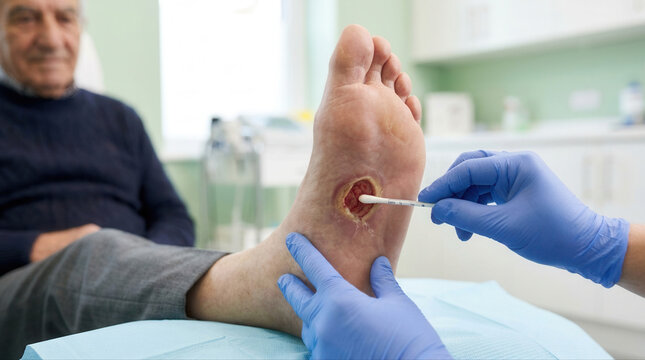 Medical expert providing care for diabetic foot ulcer in a clinical environment
