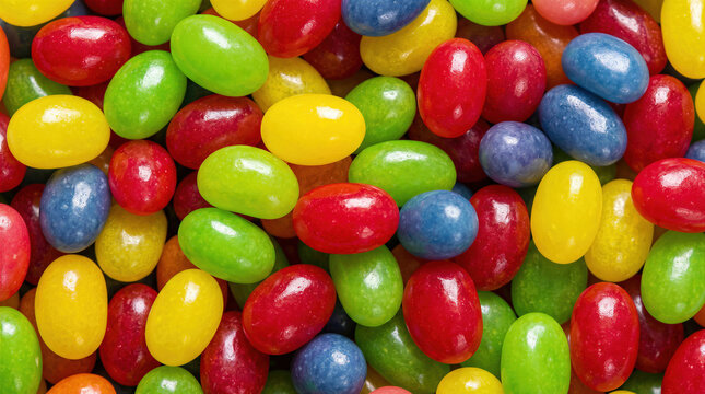 Vibrant multicolored jelly beans background, close-up view of shiny assorted fruit candy texture, bright festive pattern, sugar coating, confectionery concept.