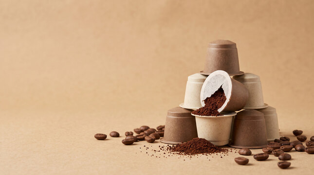 Compostable coffee pod capsules plant based eco packaging isolated on white background sustainable zero waste, close-up