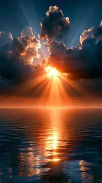 Radiant Light Emerging From Clouds Above Ocean Sunrise | Vertical Video