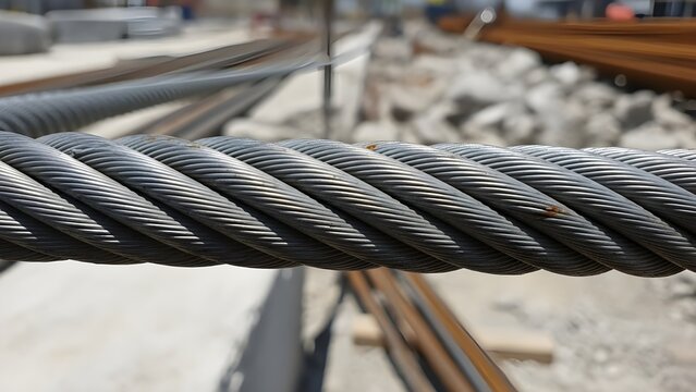 Closeup of a thick steel wire rope or cable used in construction, showing the twisted metal strands and industrial texture against a blurred site background