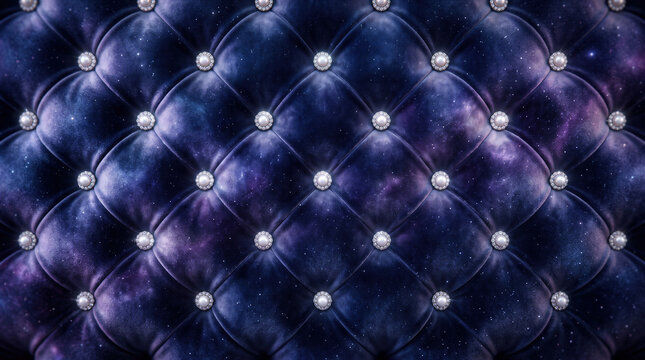Luxurious velvet tufted upholstery with galaxy pattern and diamond buttons, dark purple nebula texture, elegant royal interior background.
