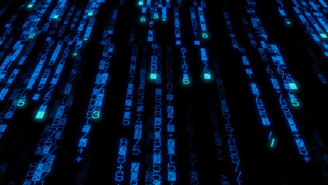 Vibrant Blue Digital Numbers and Symbols in Varied Sizes on Black Background - Dynamic Abstract Data Visualization Pattern for Technology, Cybersecurity, and Software Development Projects