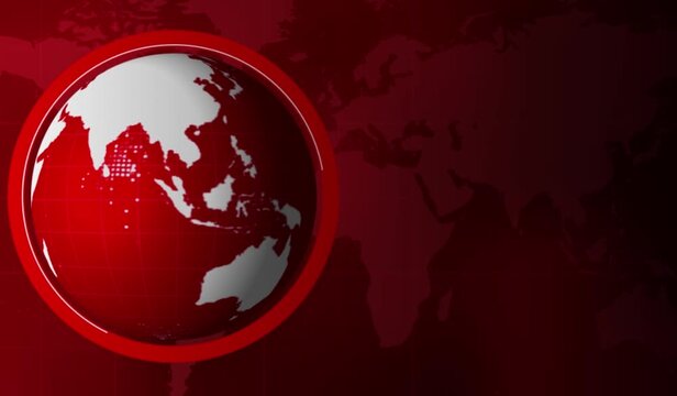 Breaking News Template intro for TV broadcast news show program with 3D text badge lower third. News background screen red blue world map rotation, earth globe spinning animation. studio background. 