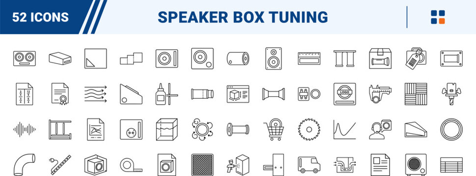 Subwoofer box port line icon set. Vector pictograms of enclosure, speaker, audio, and bass elements, thin linear illustration.