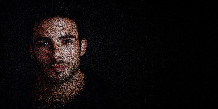Digital ID Portrait of Man with Face made up of Data. Online onboarding Concept with copy-space.