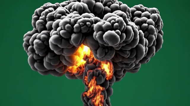 Explosive smoke cloud rises with flames visible at the base, showcasing a dramatic transformation from initial burst to dense, dark formation against a green background